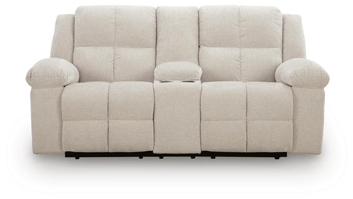 Ashley Furniture Orlen reclining loveseat with console, shown in a head-on view, featuring plush upholstery and built-in cup holders.