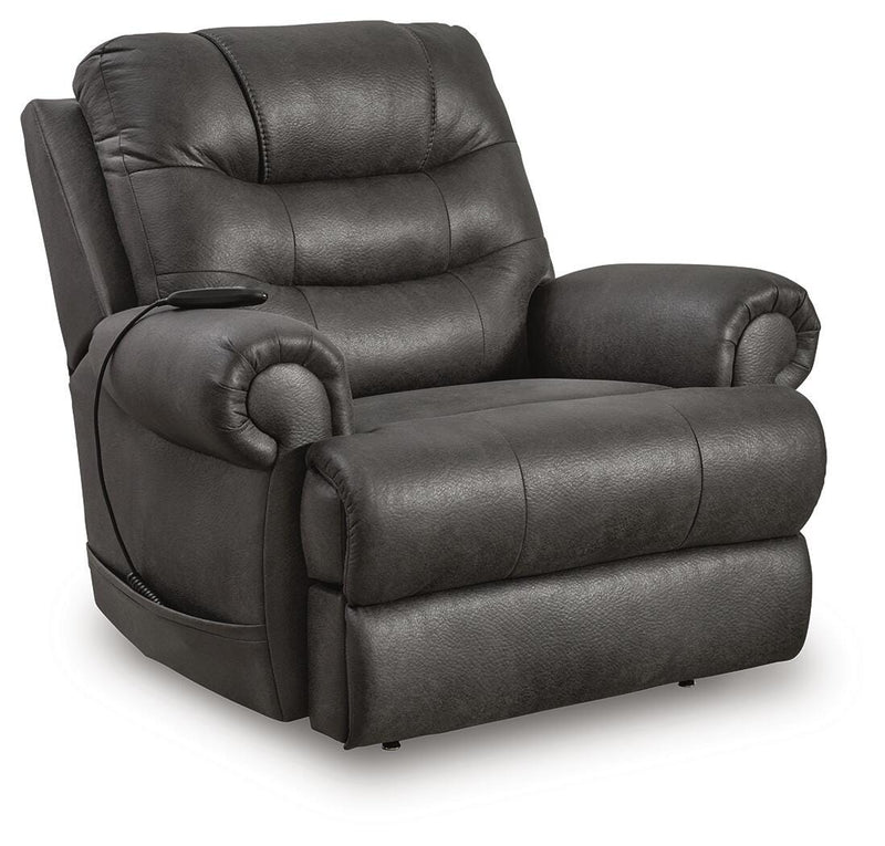 Ashley Furniture power lift recliner in a closed position, featuring plush upholstery and a sturdy frame for comfort and support.