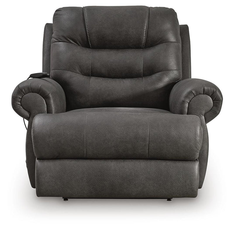 Ashley Furniture power lift recliner in neutral fabric, showing the head-on view of the restored and comfortable recliner seat.