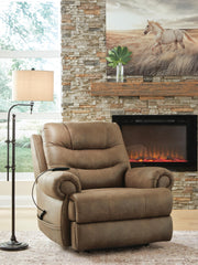 Ashley Furniture power lift recliner in beige fabric, showing a side view with the reclined back and footrest extended.