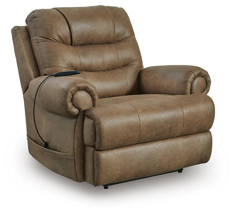Ashley Furniture power lift recliner in soft fabric, showing the closed position with plush cushioning and side controls.