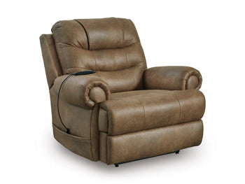 Ashley Furniture power lift recliner, showing a restored and comfortable recliner with a closed position, upholstered in neutral fabric.