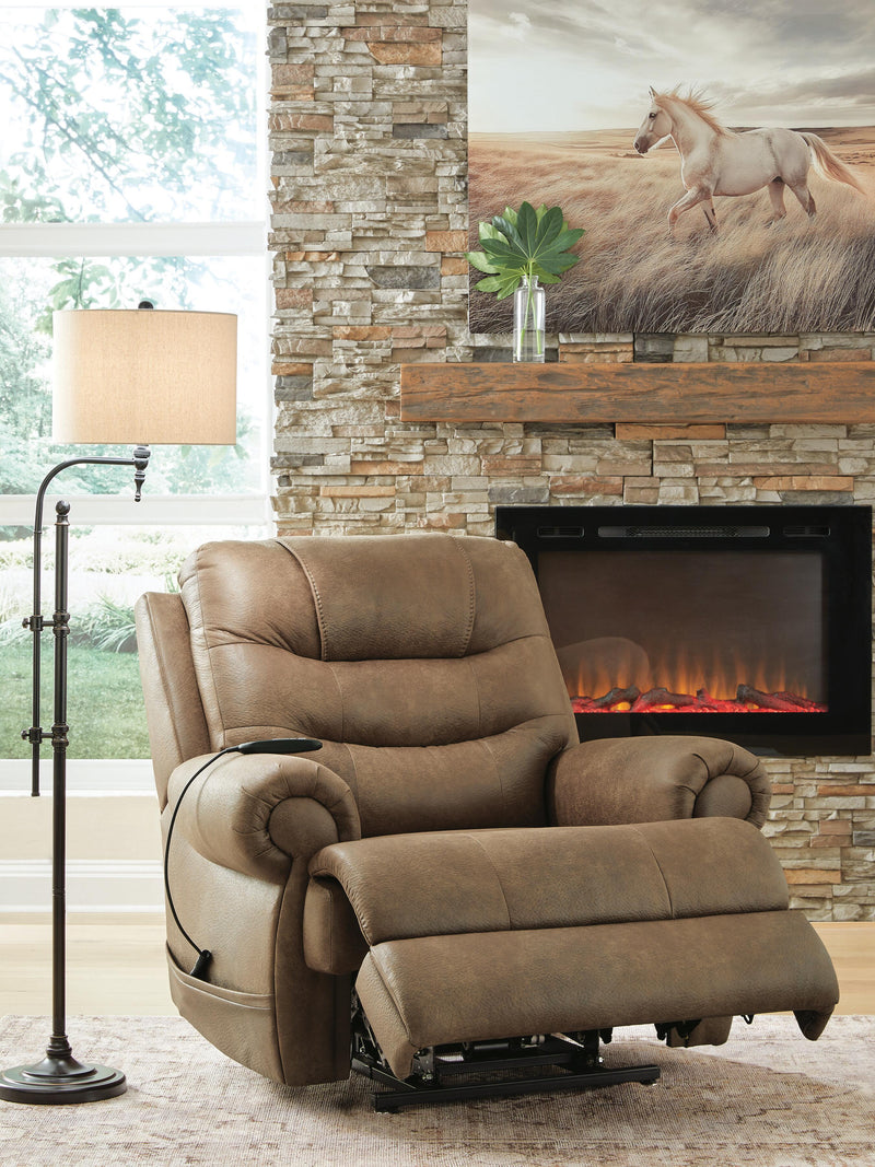 Ashley Furniture power lift recliner in open position, showcasing plush upholstery and sturdy frame for comfortable seating.