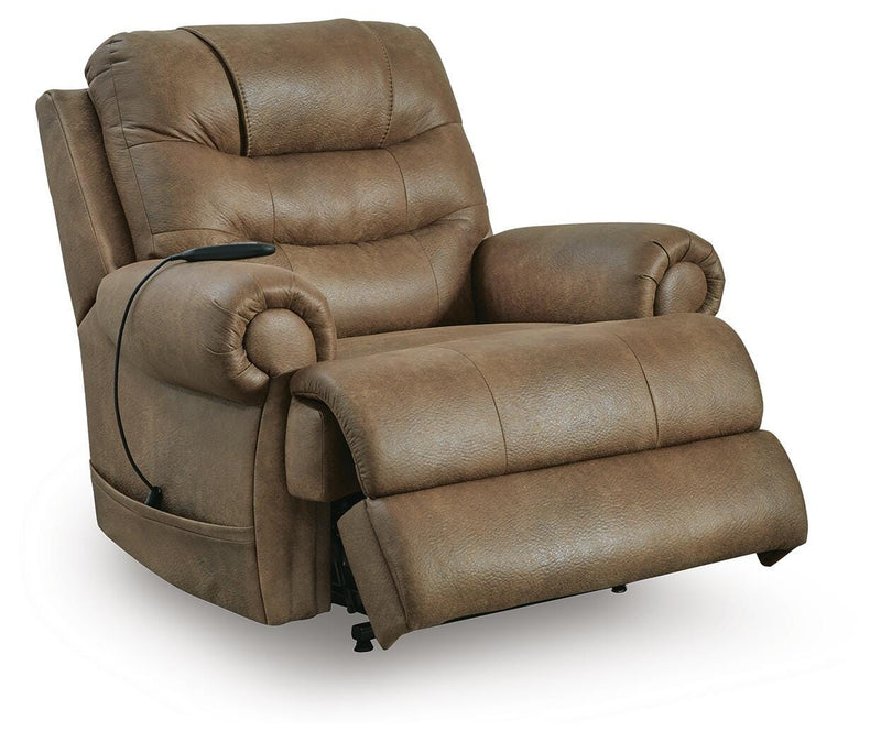 Ashley Furniture power lift recliner in open position, featuring plush upholstery and sturdy frame for comfort and support.