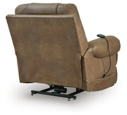 Ashley Furniture power lift recliner in neutral fabric, showing the back and side view with a plush, cushioned design.