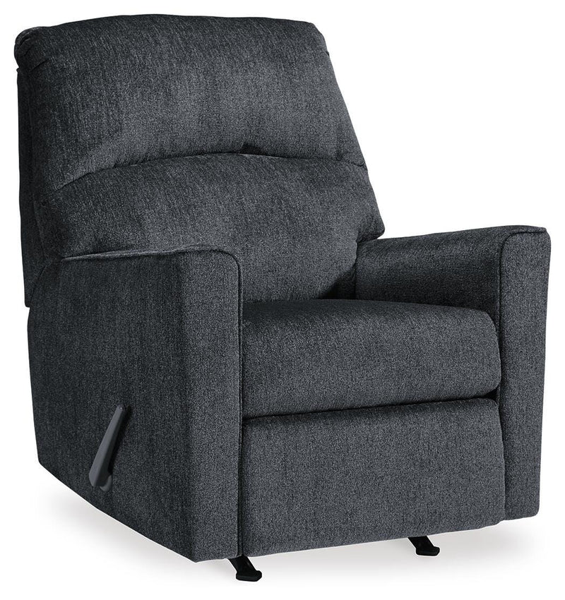 Ashley Furniture Altari recliner in a closed position, featuring plush upholstery and a sleek, modern design from a side angle.