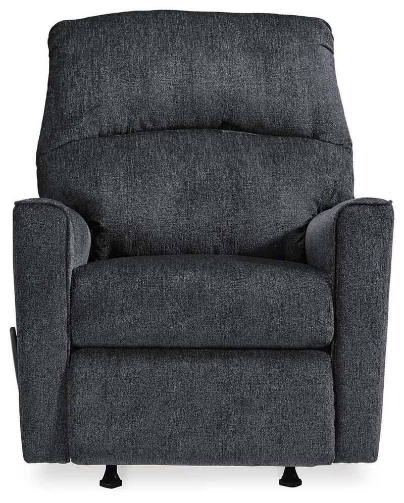 Ashley Furniture Altari recliner with plush fabric upholstery and cushioned armrests, shown from a head-on view.