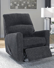 Open Ashley Furniture Altari recliner showing plush fabric upholstery and padded armrests in a cozy living room setting.