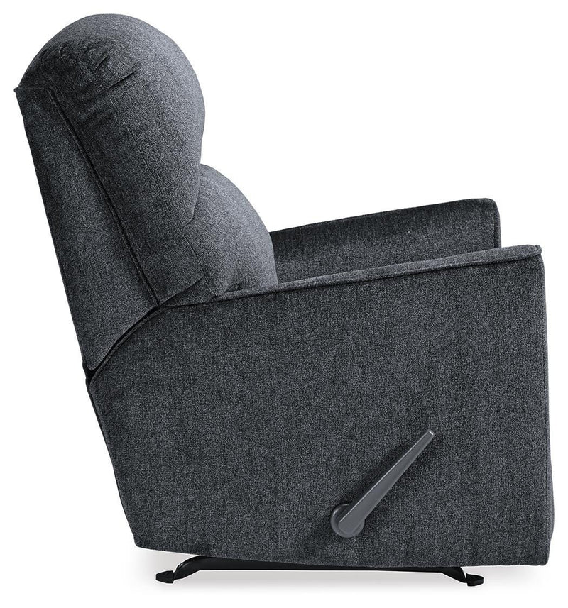 Ashley Furniture Altari recliner with plush upholstery and padded armrests, shown from the side in a cozy living room setting.