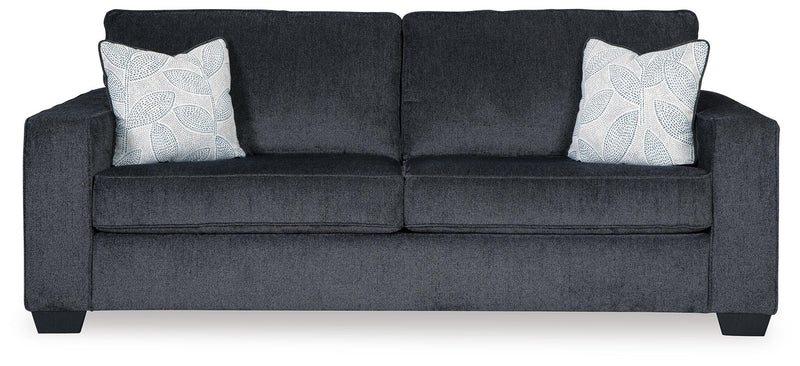 Ashley Furniture Altari sofa with plush beige upholstery and modern design, featuring cushioned armrests and wooden legs.