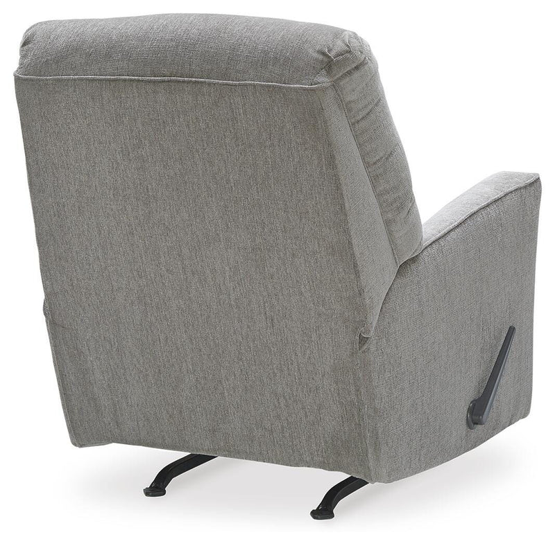 Ashley Furniture Altari recliner with plush fabric upholstery and padded armrests, shown in a cozy living room setting.