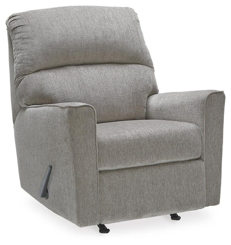 Ashley Furniture Altari recliner in a closed position, showing plush upholstery and stylish design from a side angle.