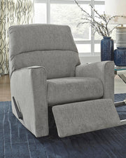 Ashley Furniture Altari recliner in open position with plush upholstery and wooden legs, showcasing contemporary living room style.