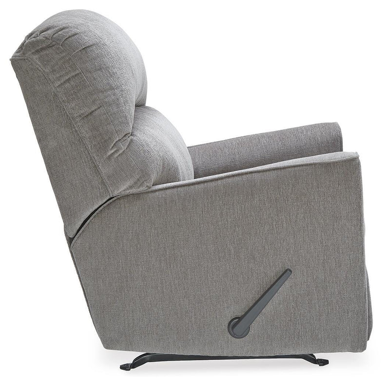 Ashley Furniture Altari recliner with plush upholstery and padded armrests, shown from a side angle.