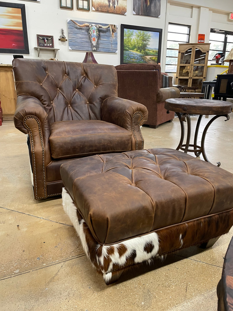 Bovine New Zealand Leather and Cowhide Tufted Ottoman by Mayo Furniture