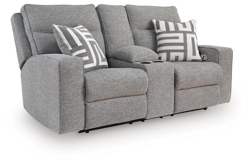 Ashley Furniture Biscoe power reclining loveseat shown from an angled view, featuring plush upholstery and reclining seats.