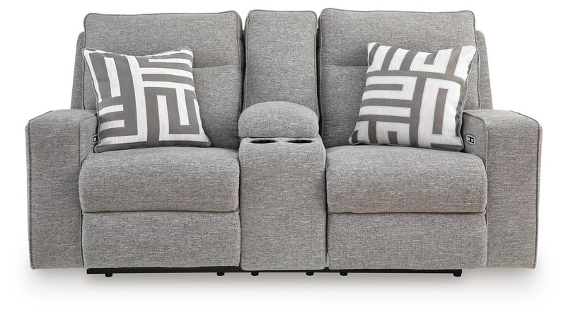 Ashley Furniture Biscoe power reclining loveseat shown from the head-on angle, with plush cushions and modern design.