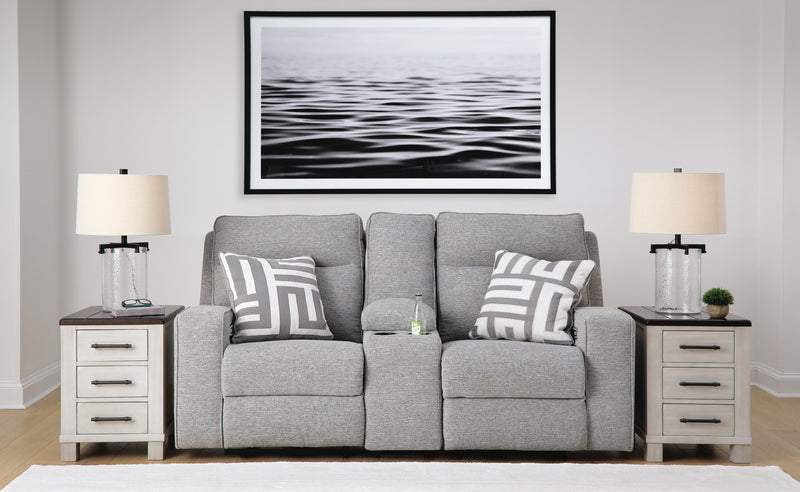 Ashley Furniture Biscoe Power Reclining Loveseat with plush cushions and reclining features in a modern living room setting.