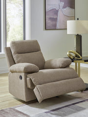 Open Ashley Furniture Side-Swipe Recliner showing plush fabric upholstery and reclining mechanism in a modern living room setting.