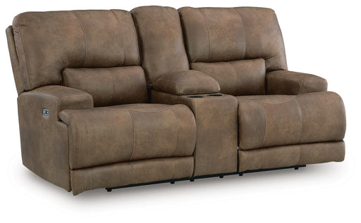 Ashley Furniture Beckley Place power reclining loveseat with console, showing plush fabric, reclining mechanism, and built-in storage armrest.