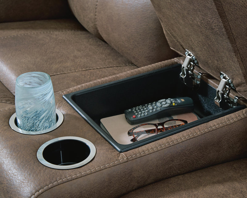 Ashley Furniture Beckley Place power reclining loveseat with console, featuring plush upholstery and built-in cup holders.