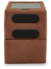 Ashley Furniture Modmax sectional with built-in audio and storage consoles, featuring plush cushions and modern design.