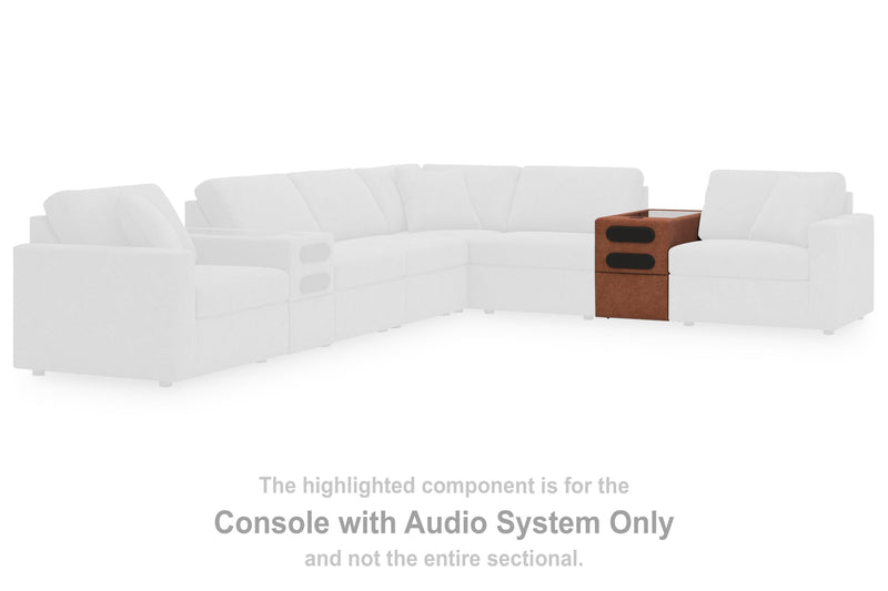 Ashley Furniture Modmax balanced sectional sofa with built-in audio and storage consoles, featuring plush cushions and modern design.