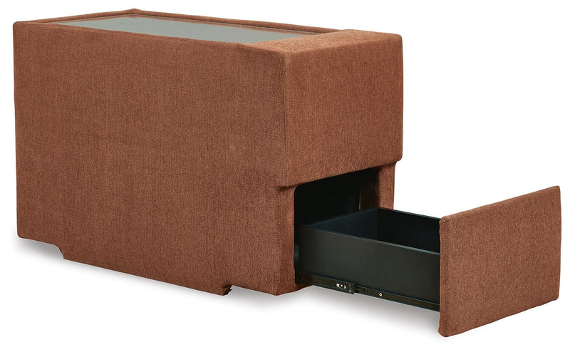 Ashley Furniture Modmax balanced sectional with integrated audio and storage consoles, featuring open-angle view of seating arrangement.