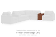 Ashley Furniture Modmax balanced sectional sofa with built-in audio and storage consoles, featuring modern design and plush cushions.
