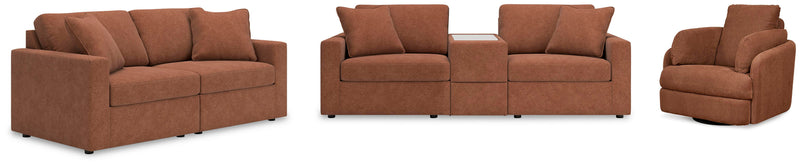 Ashley Furniture Modmax living room set with sofa, loveseat, and armchair in neutral fabric, arranged in a modern living space.
