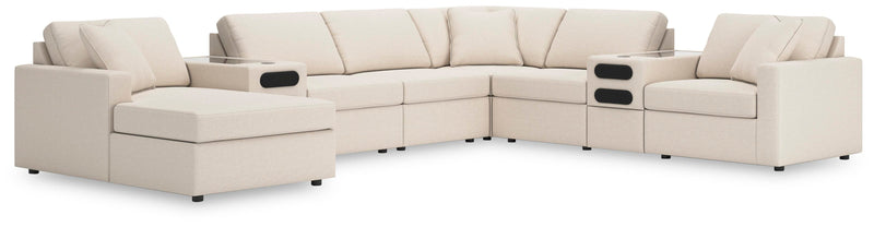 Ashley Furniture Modmax sectional with integrated audio system and chaise, featuring modern design and plush cushions.