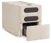 Ashley Furniture Modmax Balanced Sectional with built-in audio system and storage consoles, shown from an angled open view.