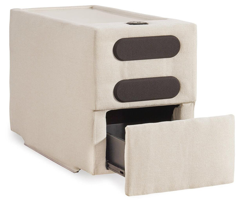 Ashley Furniture Modmax Balanced Sectional with built-in audio system and storage consoles, shown from an angled open view.