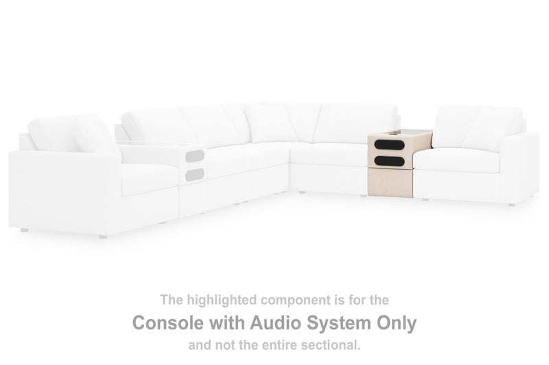 Ashley Furniture Modmax balanced sectional sofa with integrated audio and storage consoles, featuring modern design and plush cushions.