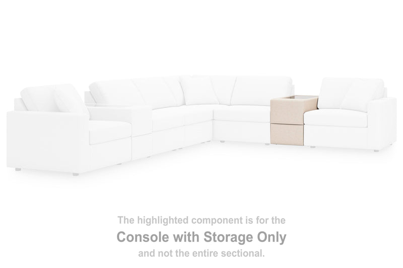 Ashley Furniture Modmax sectional with built-in audio and storage consoles, featuring modern design and plush seating.