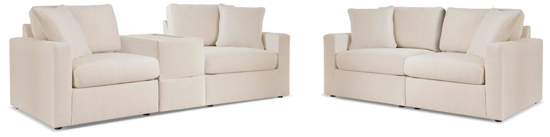 Ashley Furniture Modmax living room set with sofa and armchair, featuring modern design and neutral fabric upholstery.
