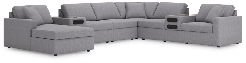 Ashley Furniture Modmax sectional with integrated audio system and chaise, featuring plush fabric and modern design.