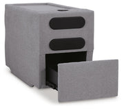 Ashley Furniture Modmax balanced sectional with built-in audio and storage consoles, shown open from an angle view.