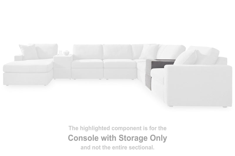 Modmax balanced sectional sofa with built-in audio and storage consoles by Ashley Furniture, showing modern design and plush seating.
