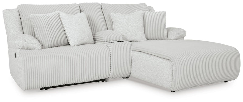 Ashley Furniture reclining sectional sofa with chaise, featuring plush cushions and modern design, shown from an angled view.