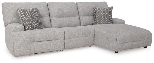 Ashley Furniture Acklen Place power reclining sectional with plush fabric and adjustable recliners, shown from an angled view.