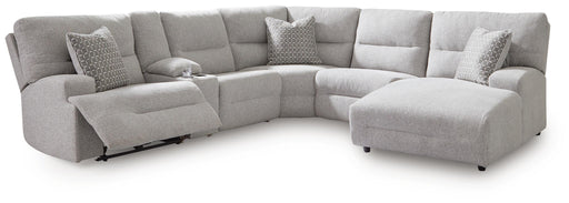 Ashley Furniture Acklen Place power reclining sectional with chaise, showing plush fabric and modern sectional design with reclining features.