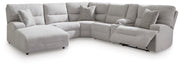 Ashley Furniture Acklen Place power reclining sectional with chaise, featuring plush fabric and multiple seating sections.