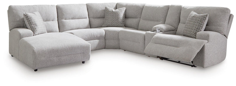 Ashley Furniture Acklen Place power reclining sectional with chaise, featuring plush fabric and multiple seating sections.