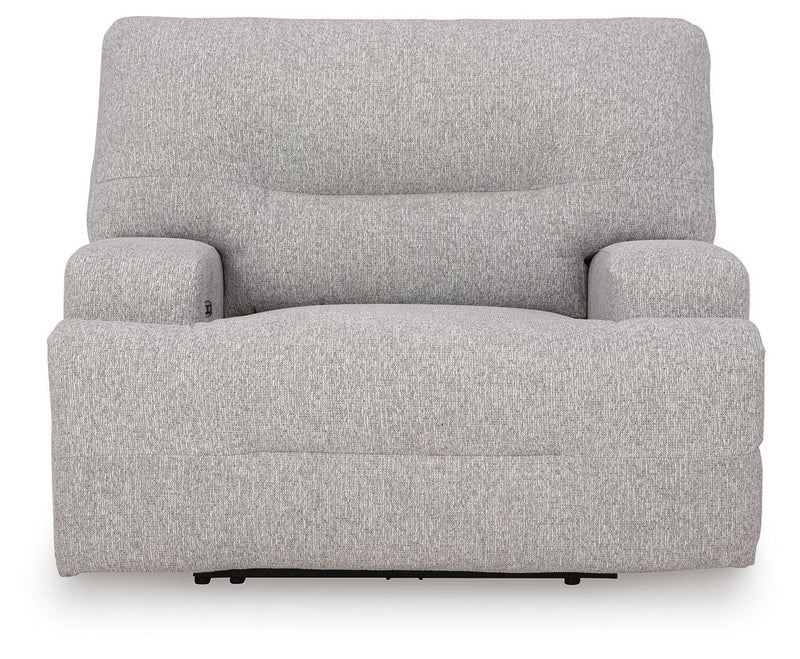 Ashley Furniture Acklen Place oversized power recliner with plush upholstery and padded armrests, shown from a head-on angle.