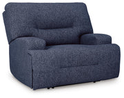 Ashley Furniture Acklen Place oversized power recliner in dark upholstery, shown from an angled closed position.