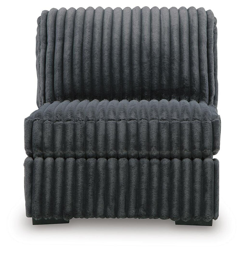 Ashley Furniture Midnight-Madness sectional sofa with plush cushions and dark fabric, shown from a head-on view.