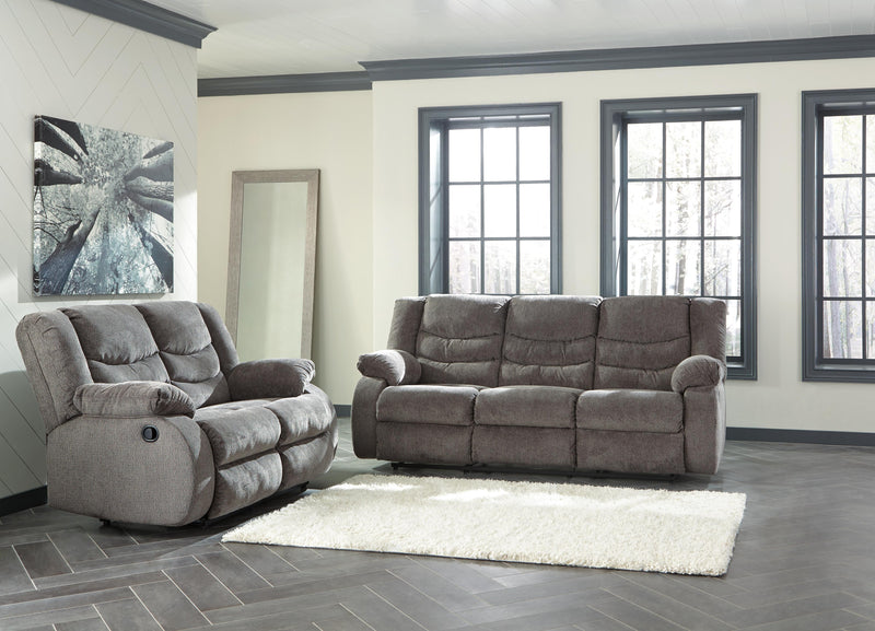 Ashley Furniture Tulen living room set with a sofa, loveseat, and armchair in a modern fabric design.