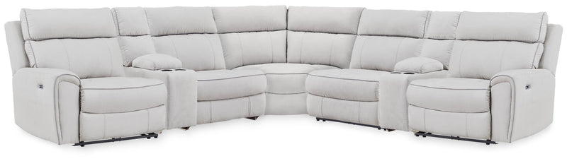 Ashley Furniture Social Pointe reclining sectional with storage consoles, featuring plush cushions and modern design.
