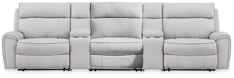 Ashley Furniture Social Pointe reclining sectional with storage consoles, featuring plush cushions and modern design.